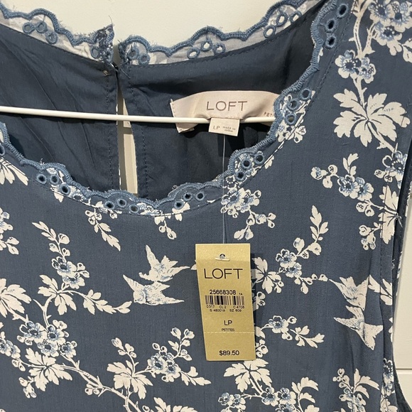 LOFT Antique Blue & White Floral Bird Print Eyelet Trim Dress - L - NWT - Picture 5 of 7